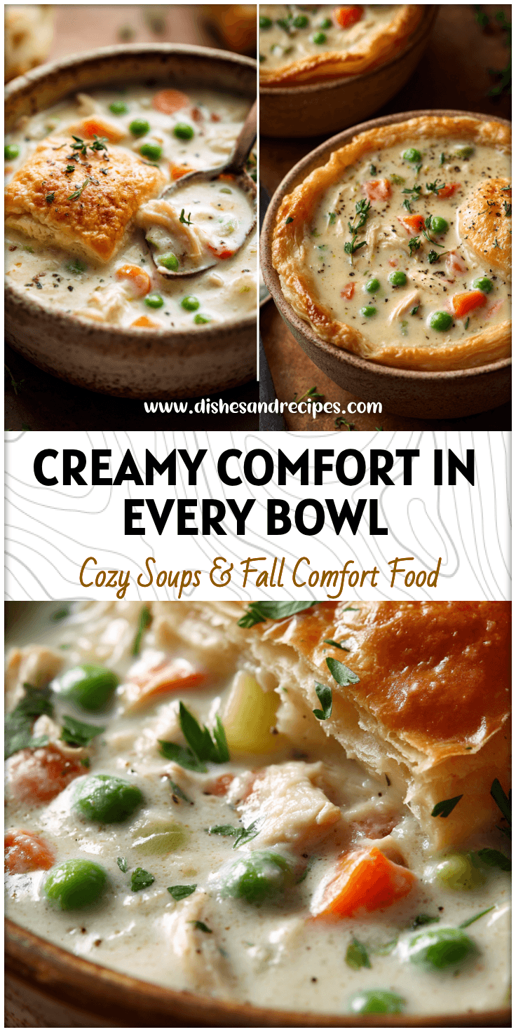 Bowl of creamy Chicken Pot Pie Soup with vegetables and herbs served in a rustic dish.